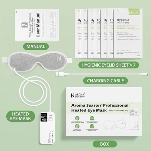Aroma Season professional heated eye mask set with eyelid sheets, charging cable, and user manual on a green background.