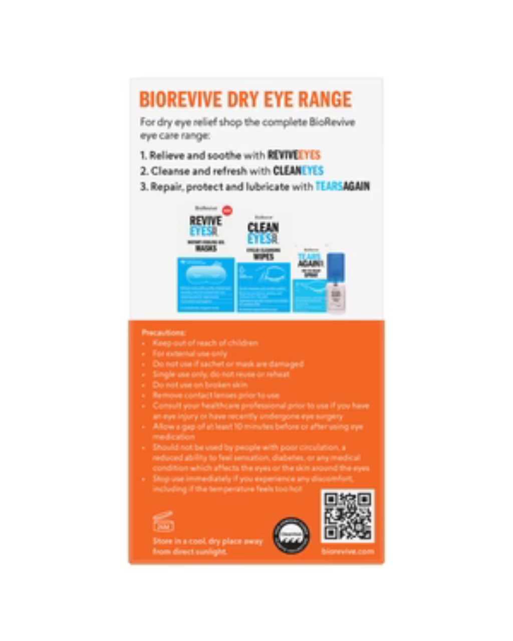 BioRevive dry eye range packaging with product names and instructions on a white background