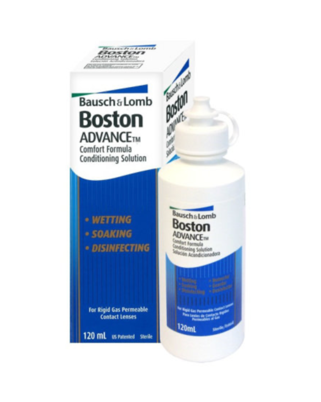 Bausch & Lomb Boston Advance contact lens solution bottle and packaging on a white background