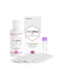 Ophtecs cleadew GP contact lens care system including bottle, box, and vials on a white background