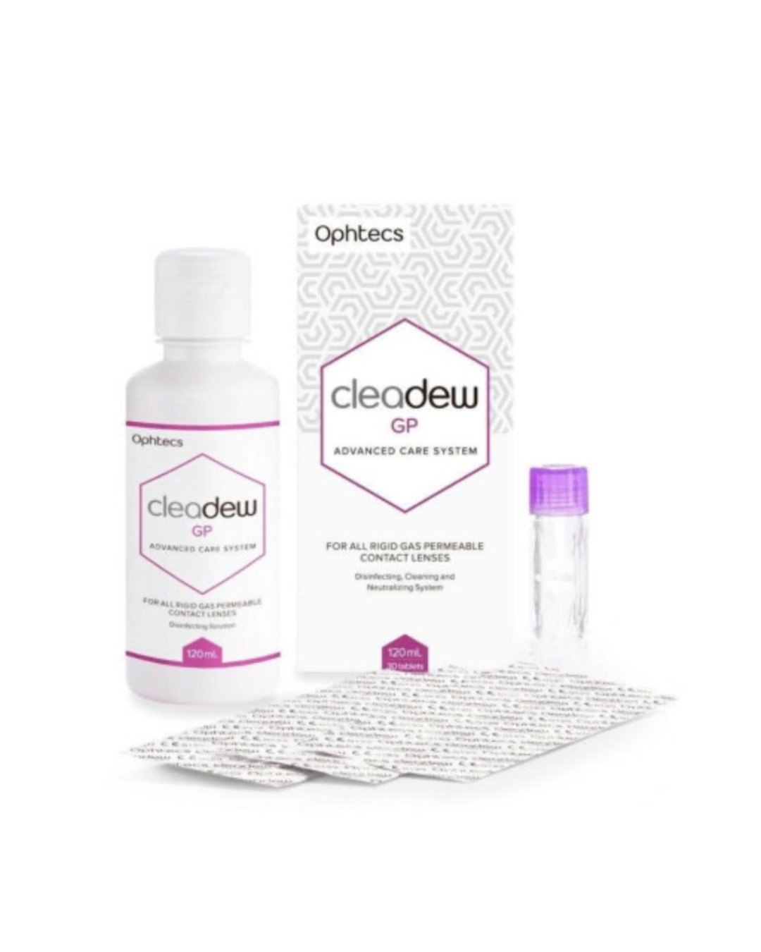 Ophtecs cleadew GP contact lens care system including bottle, box, and vials on a white background