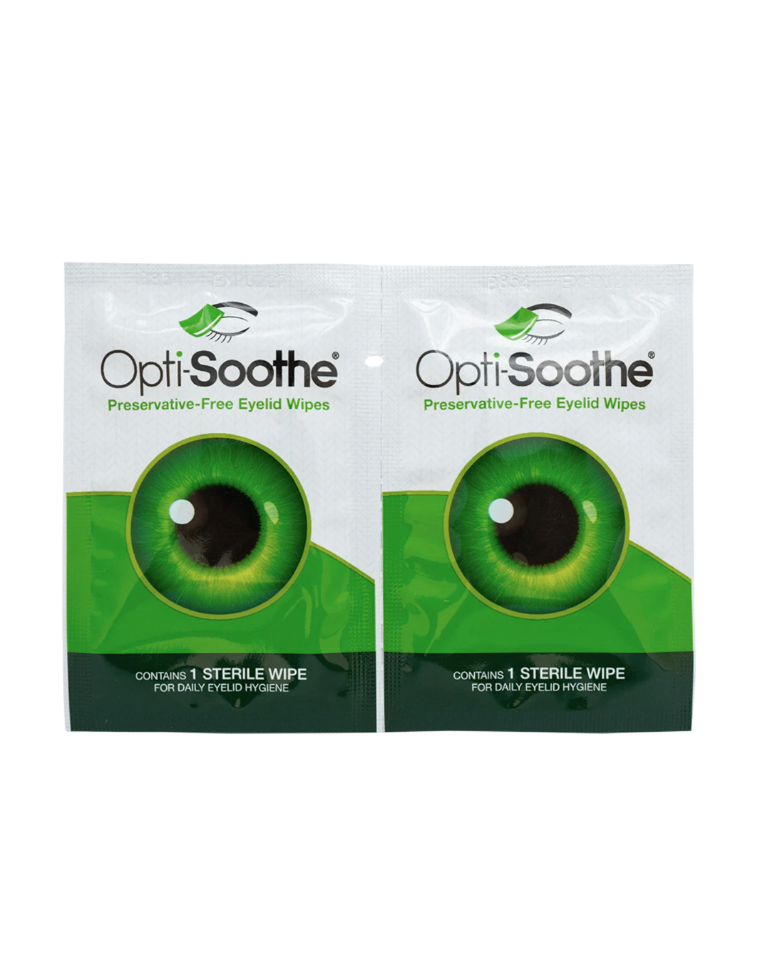 Two packages of OptiSoothe eyelid wipes on a white background