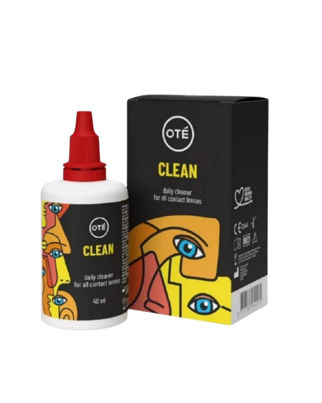 Ote contact lens cleaner bottle and packaging on a white background