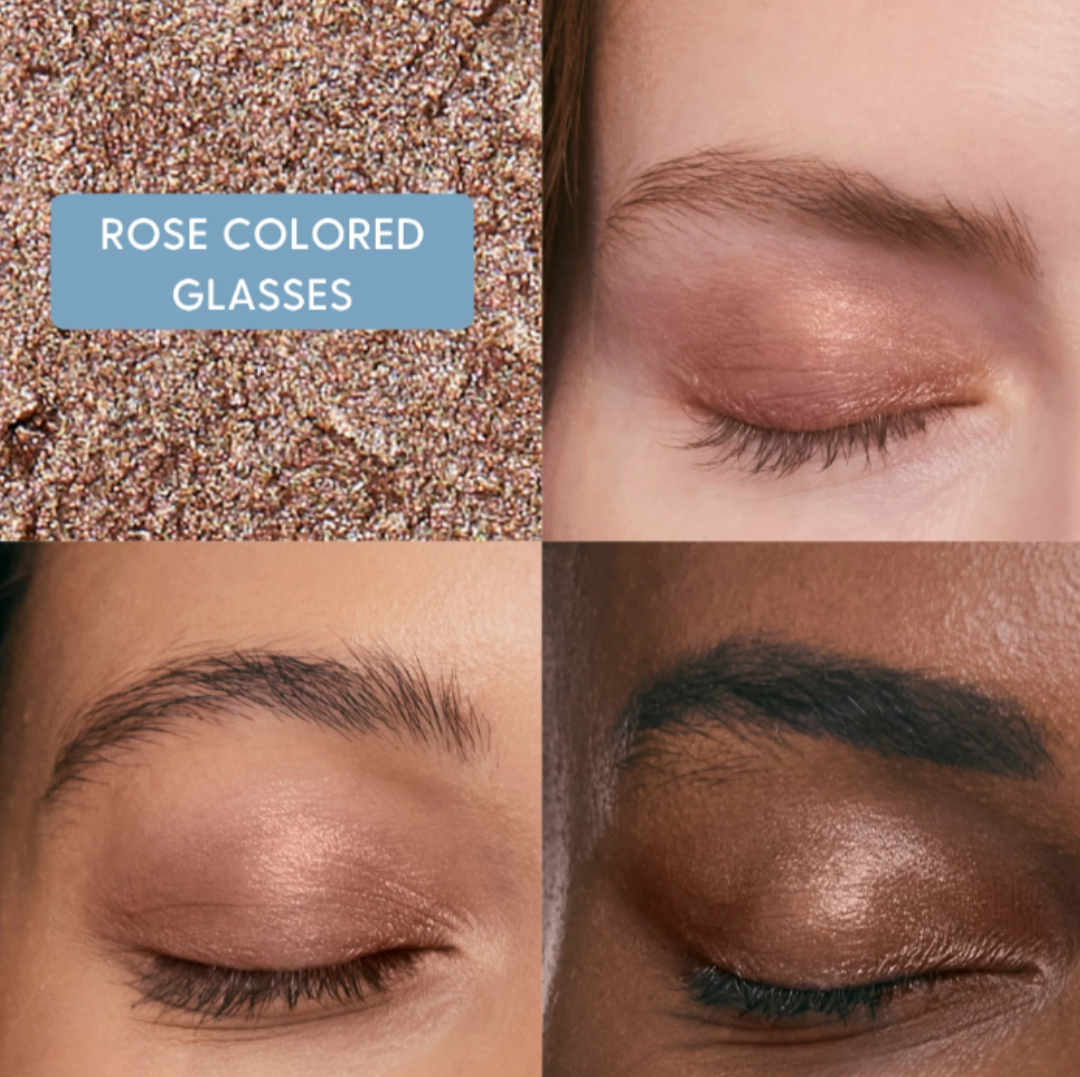 Rose colored eyeshadow on a model's eyelids with close-up of color swatch.