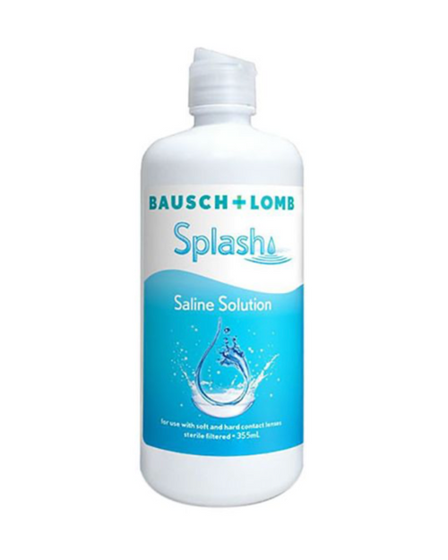 Bausch + Lomb Splash Saline Solution bottle on a white background