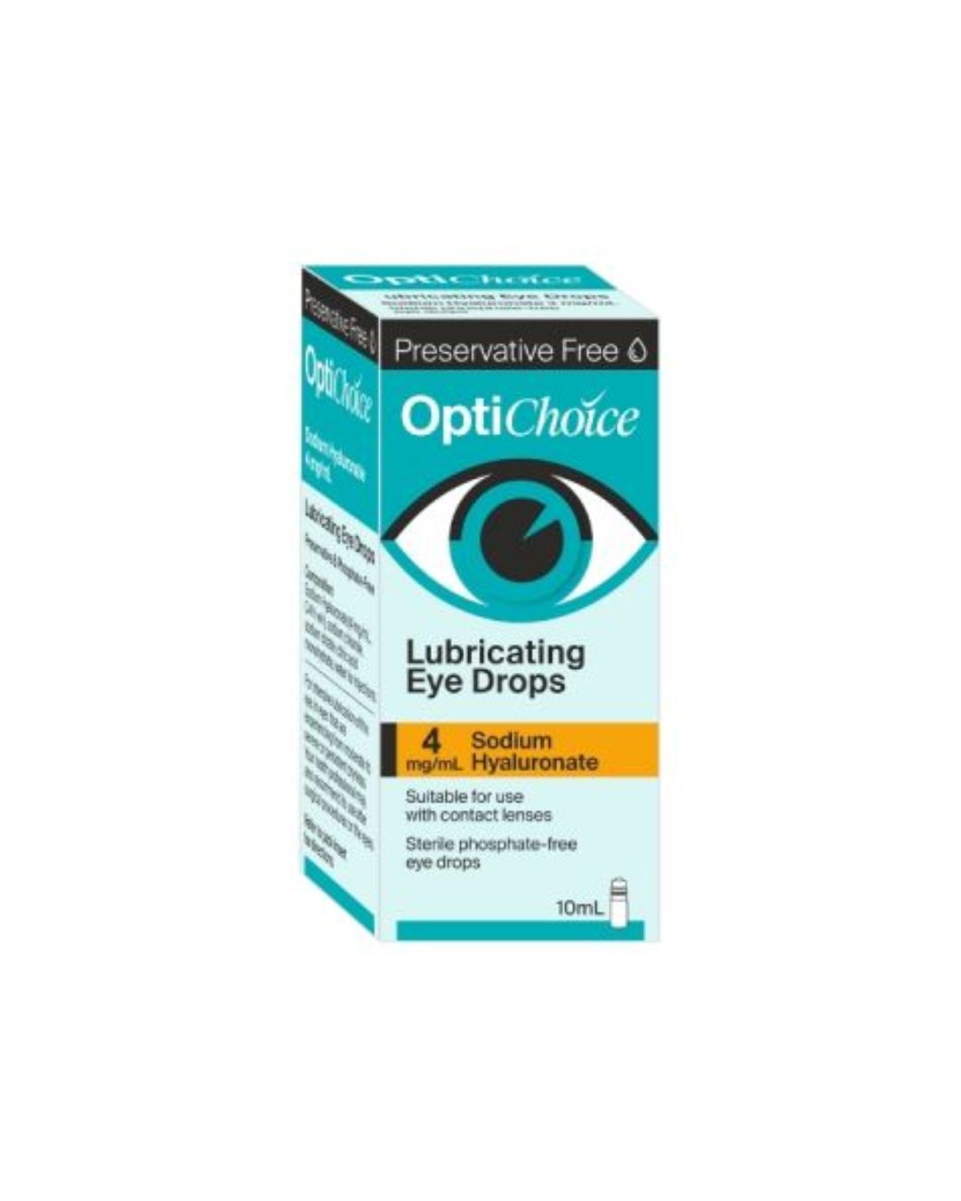 OptiChoice Lubricating Eye Drops in a teal and white box with a blue and black eye logo, on a plain white background.