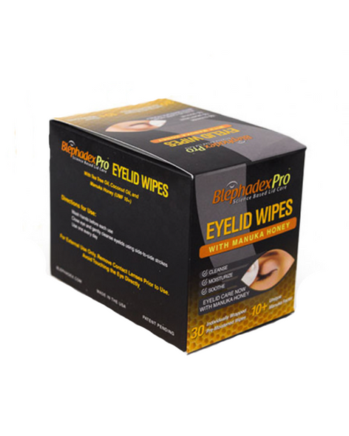 Box of Blephadex Pro Eyelid Wipes with Manuka Honey on a white background